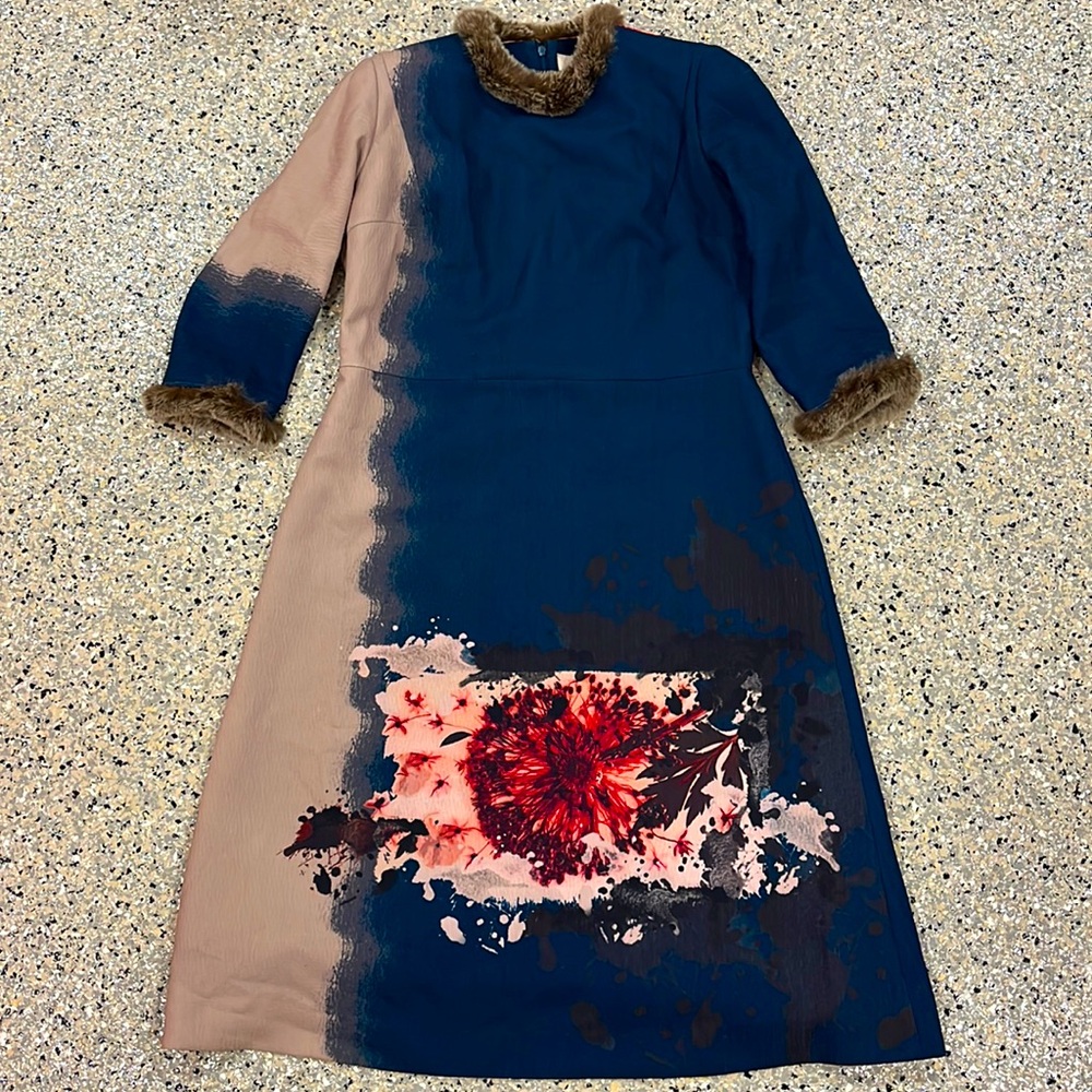 Anthropologie Mignon Doo Midi Floral Print Faux Fur Trim Dress